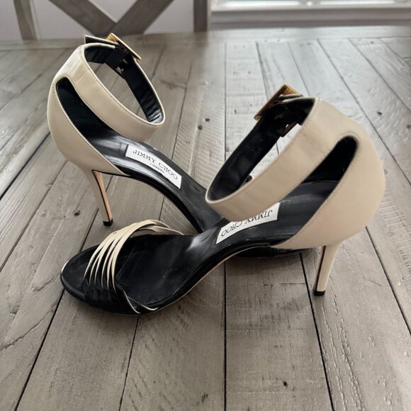 Jimmy Choo Livvi 85 Two-tone Leather Sandals Heels White Black - Picture 10 of 14